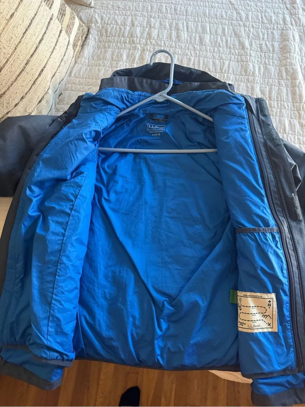 L.L. Bean Youth Hooded Winter Jacket in Charcoal with Blue Accent